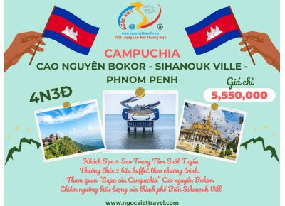 TOUR CAMPUCHIA, CAO NGUYÊN BOKOR - SIHANOUK VILLE - PHNOM PENH - XE LIMOUSINE, KS 4 SAO